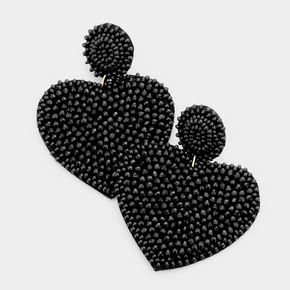 Felt Back Beaded Heart Dangle Earrings - Black - Earrings