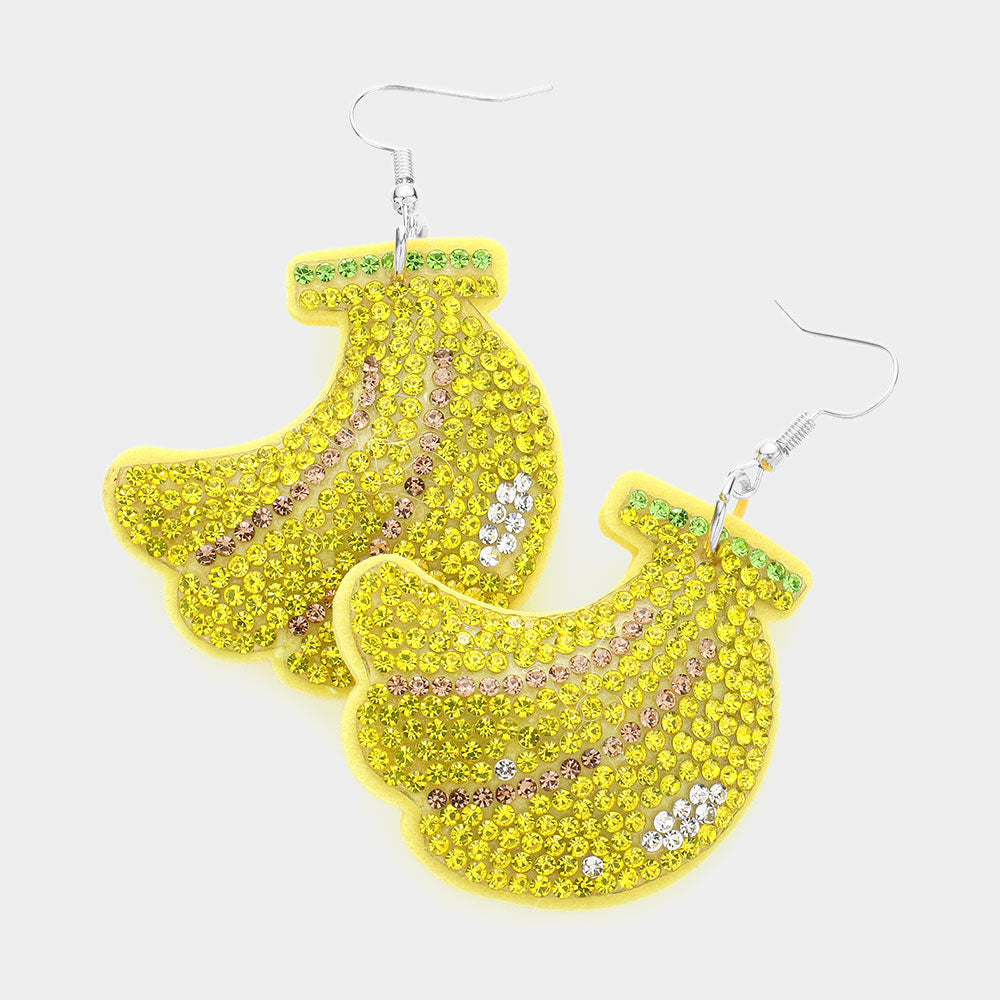 Madeline Love Silver, Yellow Felt Back Bling Banana Dangle Earrings