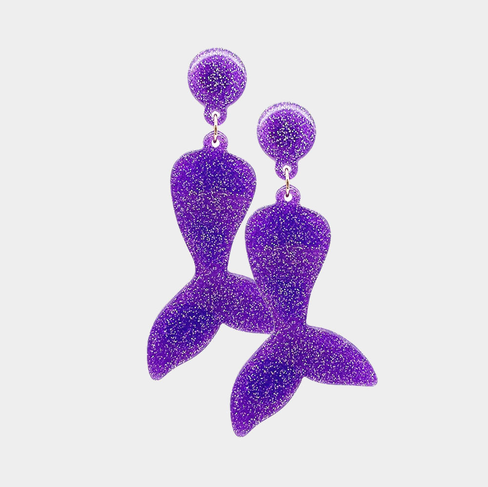 Purple Glittered Resin Mermaid Tail Dangle Earrings