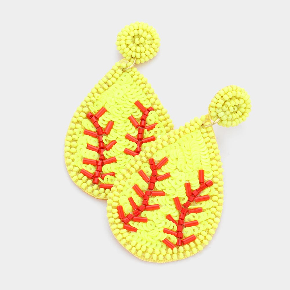 Neon, Yellow Felt Back Sequin Beaded Softball Teardrop Dangle Earrings