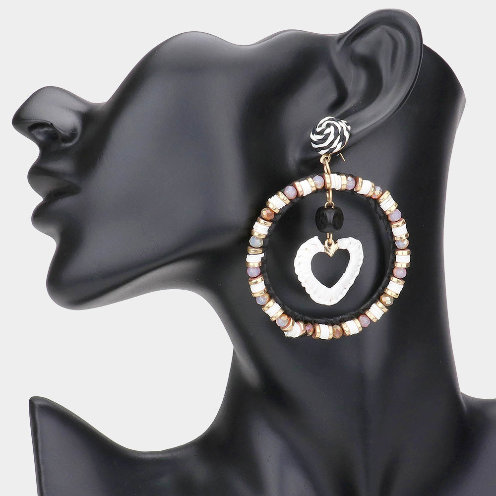 Madeline Love Black, White Straw Heart Accented Heishi Faceted Beaded Open Circle Dangle Earrings - desc