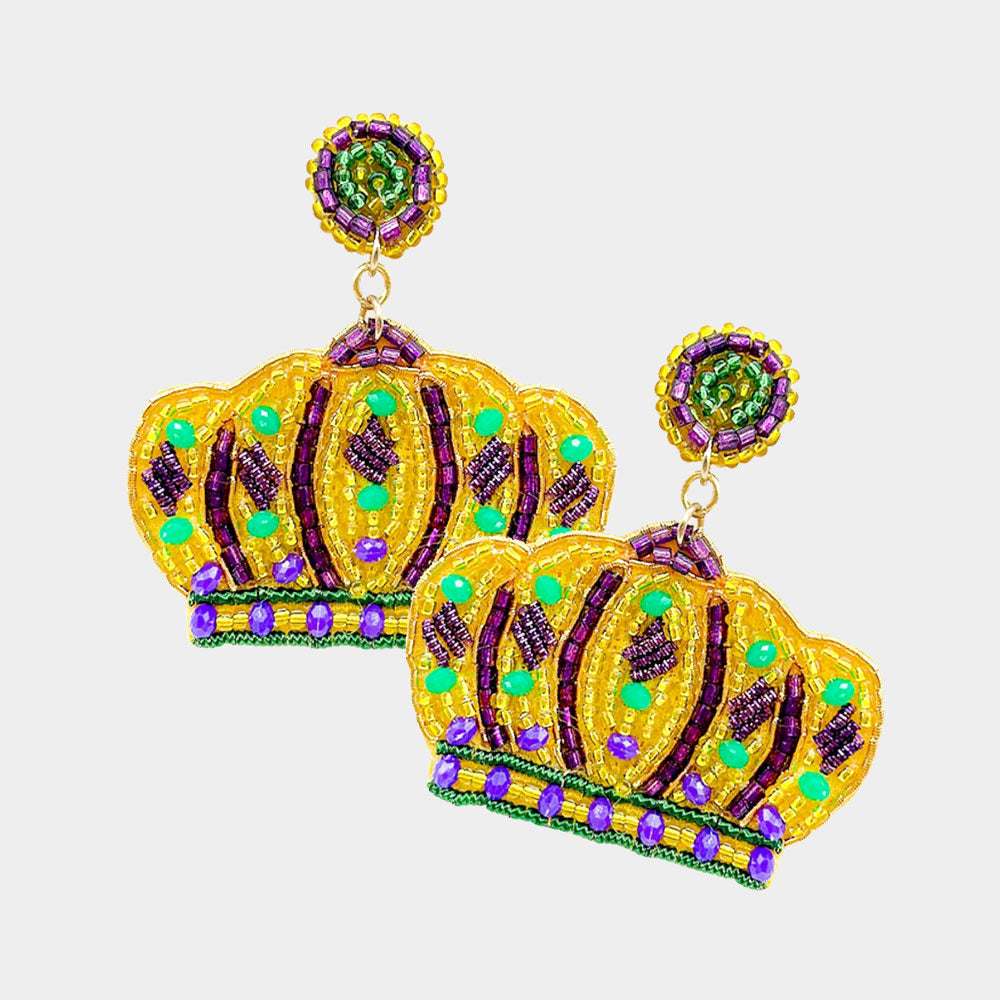 Multi Felt Back Mardi Gras Multi Beaded Crown Dangle Earrings