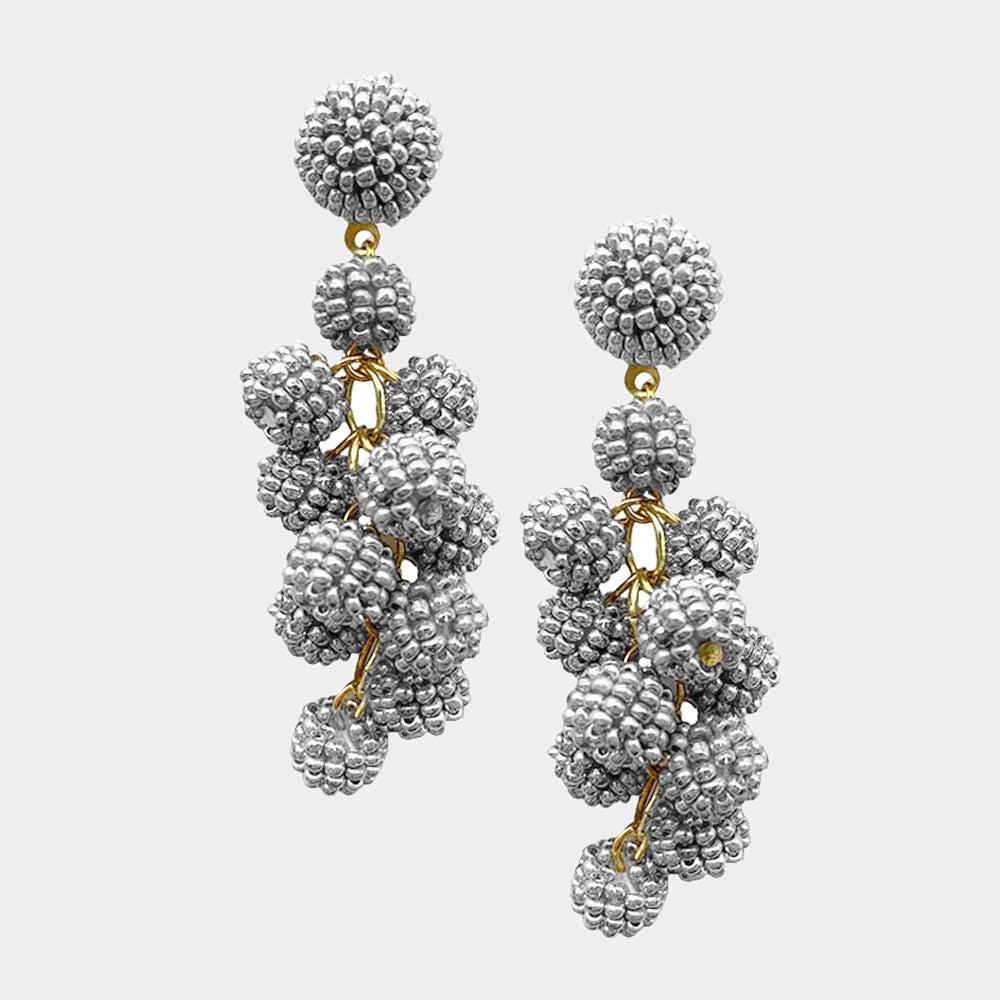 Madeline Love Silver Seed Beaded Ball Cluster Vine Dangle Earrings - desc