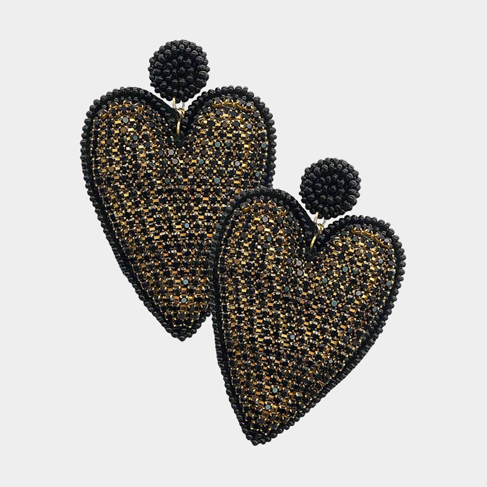 Felt Back Rhinestone Seed Beaded Heart Dangle Earrings - Black - Earrings