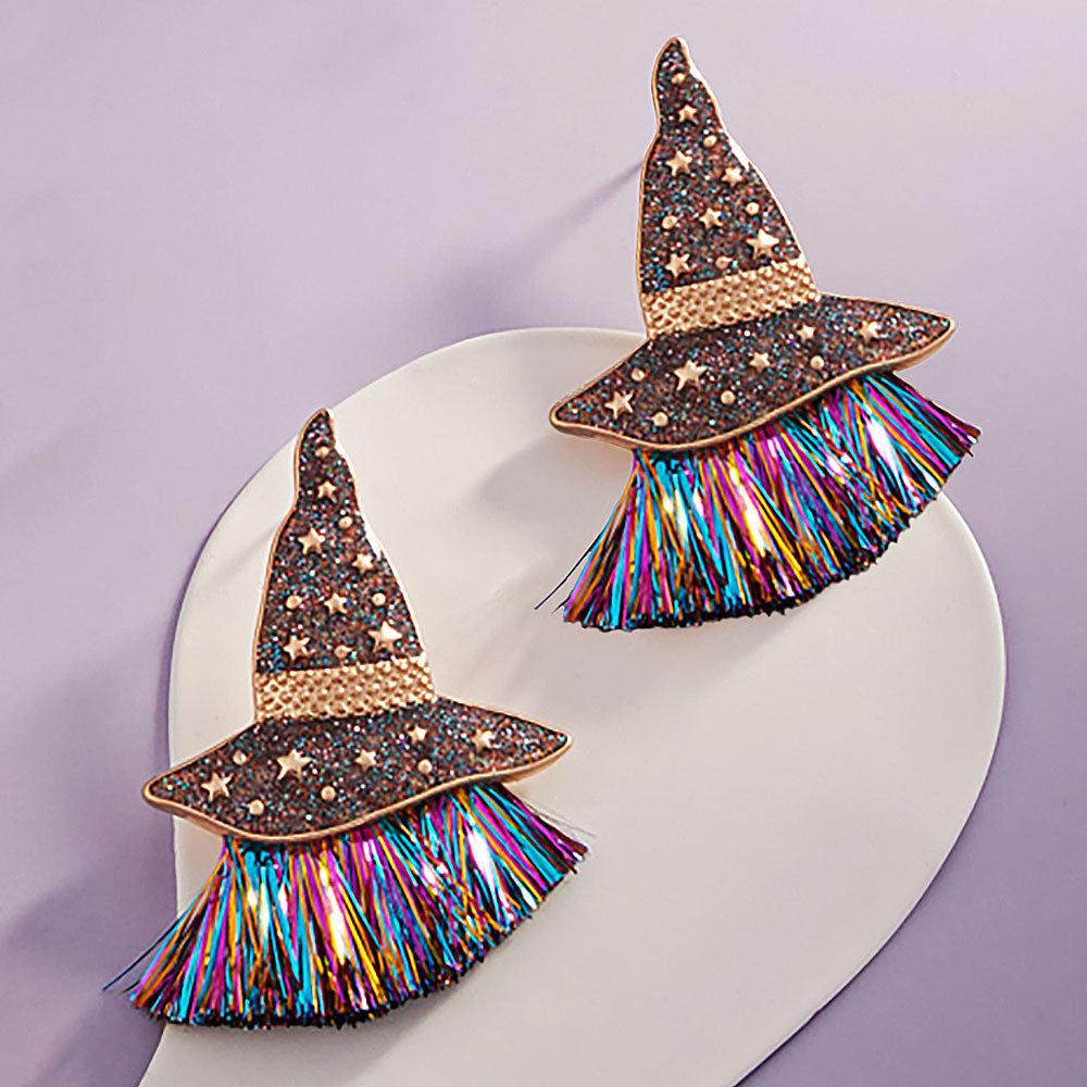 Multi Enamel Witch Hat with Tassel Earrings
