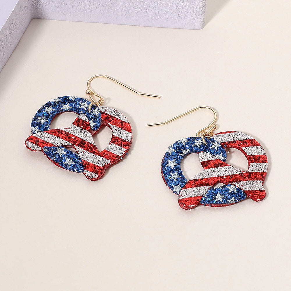 Madeline Love Gold, Multi Glittered American USA Flag Pretzel Dangle Earrings