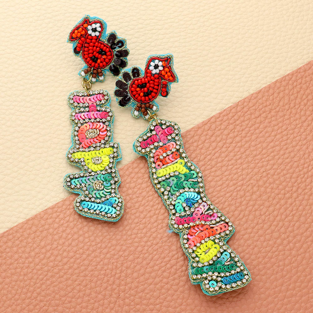 Madeline Love Multi Felt Back Beaded Happy Turkeyday Message Dangle Earrings