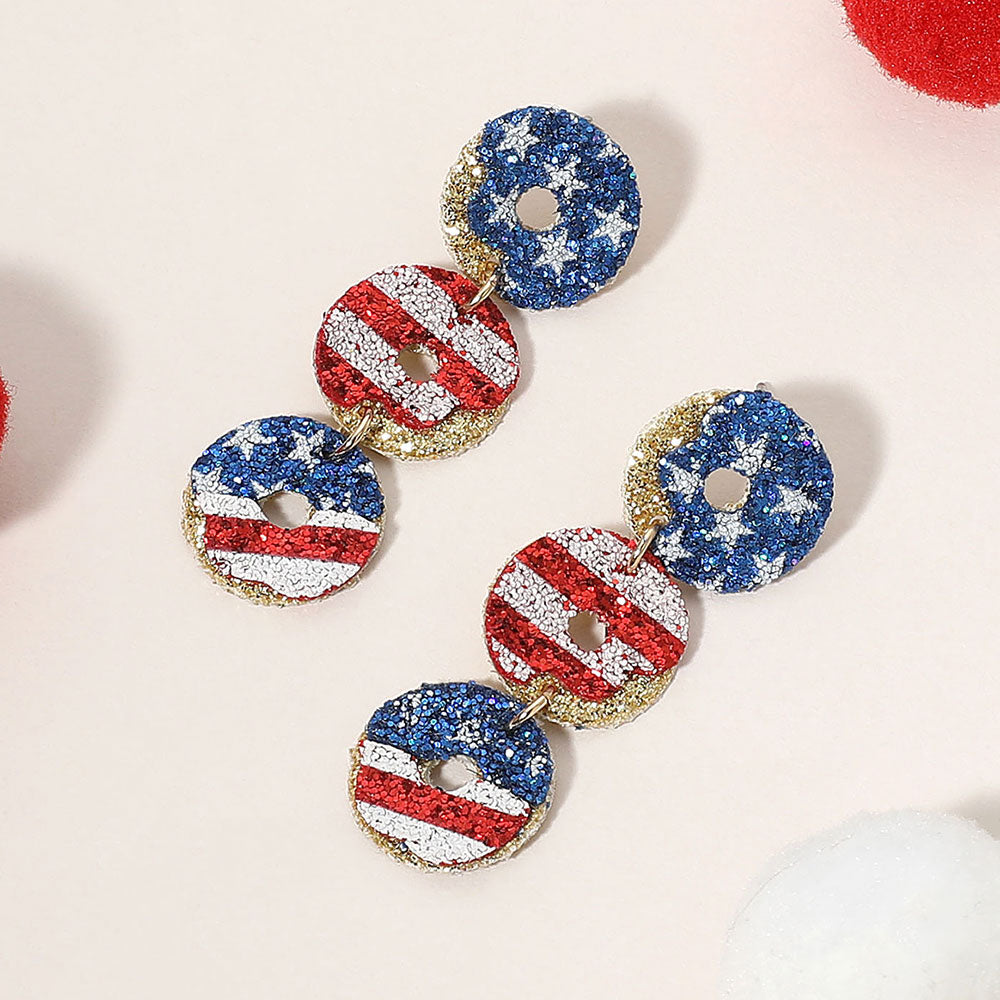 Madeline Love Gold, Multi Glittered American USA Flag Trip Donut Link Drop Earrings