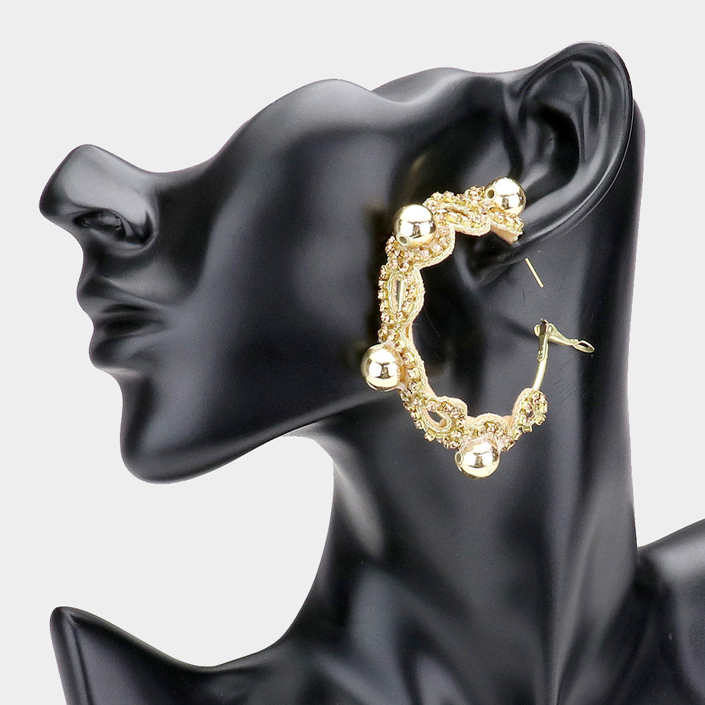 Madeline Love Gold Rhinestone Trimmed Metal Ball Accented Hoop Earrings