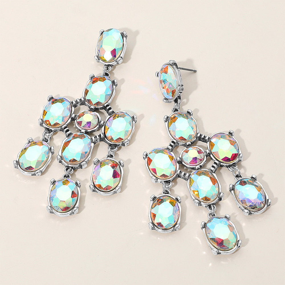 Madeline Love AB, Silver Burnished Iridescent Oval Stone Cluster Chandelier Dangle Earrings