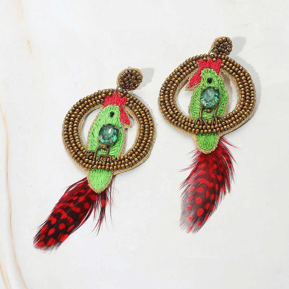Madeline Love Green Embroidery Parrot Earrings