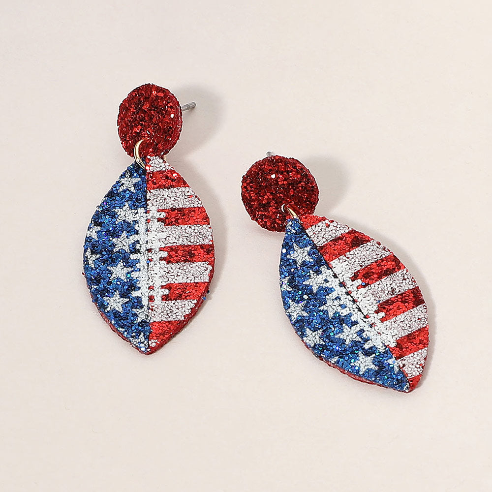 Madeline Love Gold, Multi Glittered American USA Flag Football Dangle Earrings