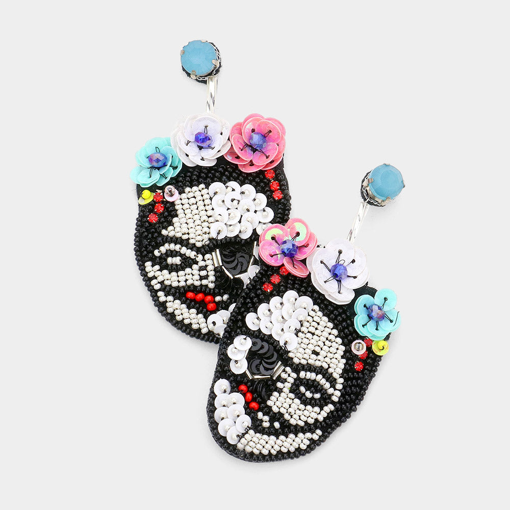 Madeline Love White Triple Flower Sequin Seed Beaded Skull Dangle Earrings