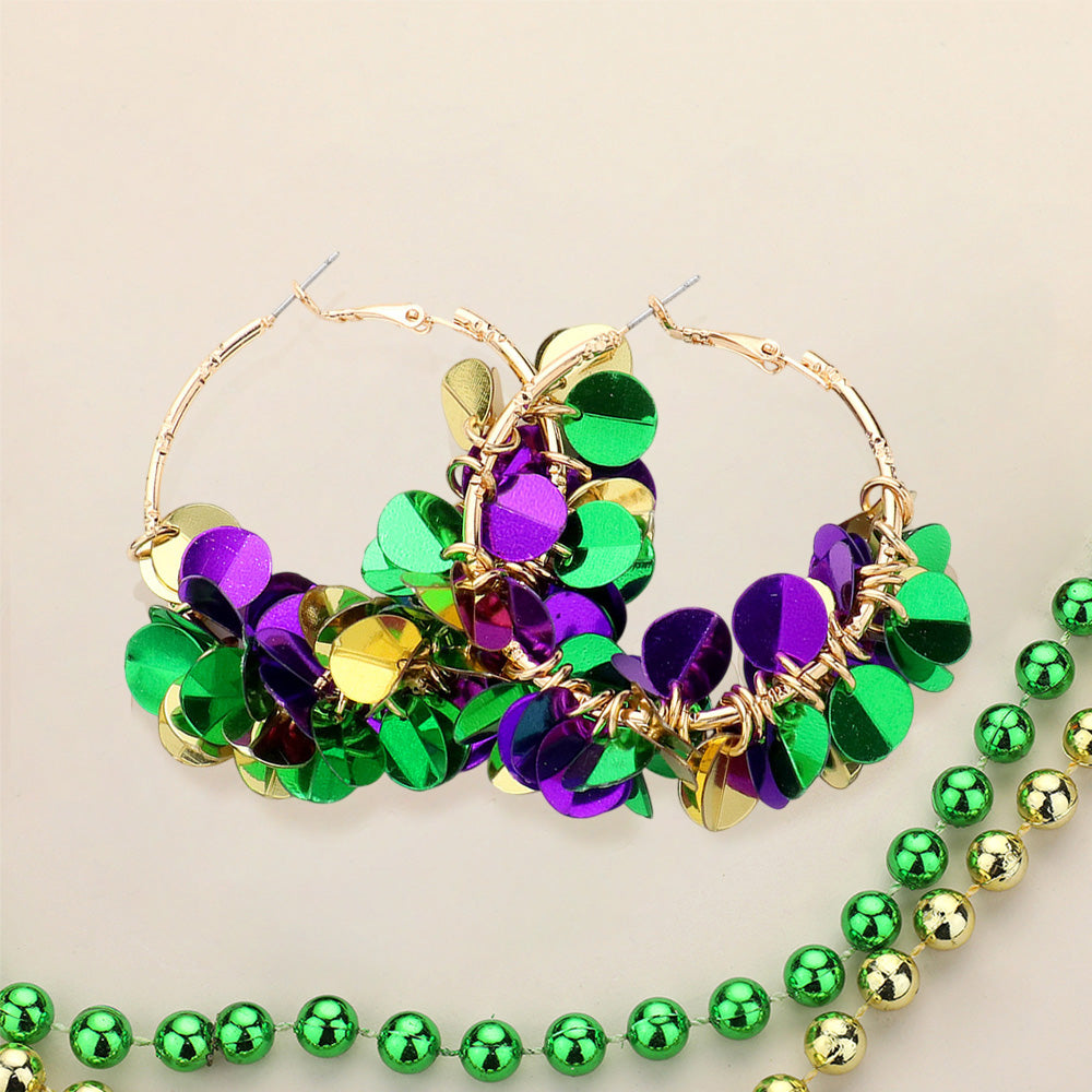 Multi Mardi Gras Sequin Dangle Hoop Earrings