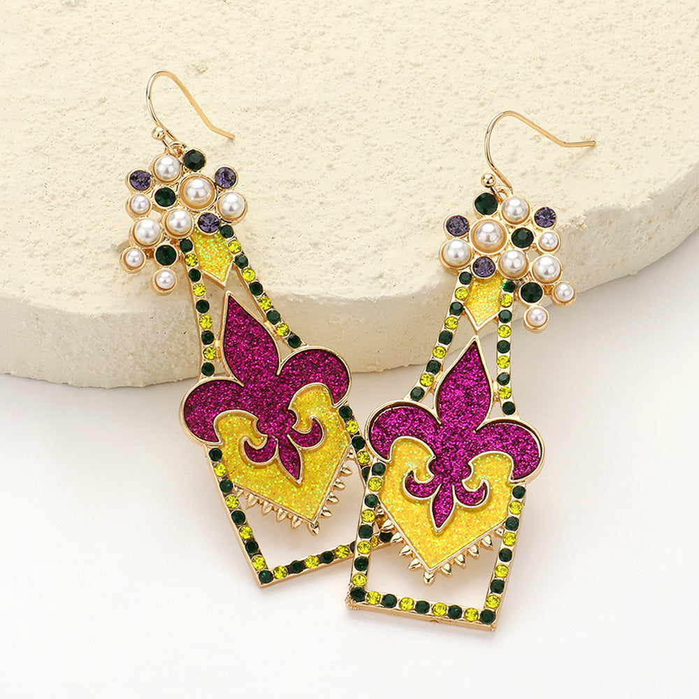 Multi Stone Pearl Paved Sparkly Mardi Gras Fleur de Lis Bottle Dangle Earrings