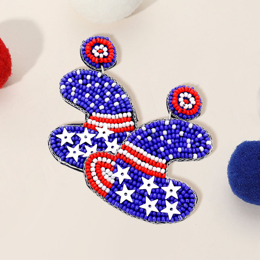 Madeline Love Blue, Red, White Felt Back American USA Flag Cowboy Hat Beaded Dangle Earrings