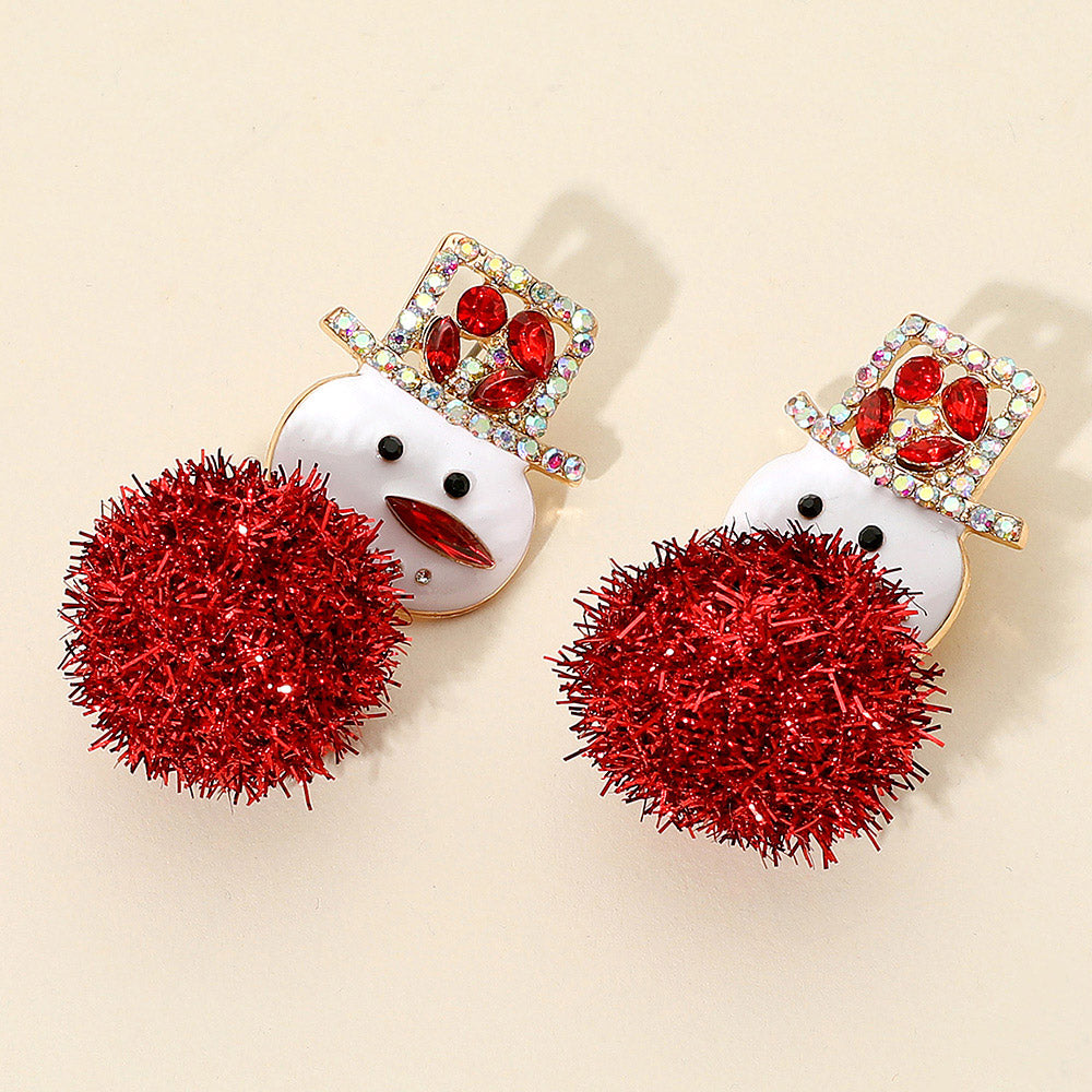 Madeline Love Gold, Red Pom Pom Stone Paved Hat Snowman Earrings