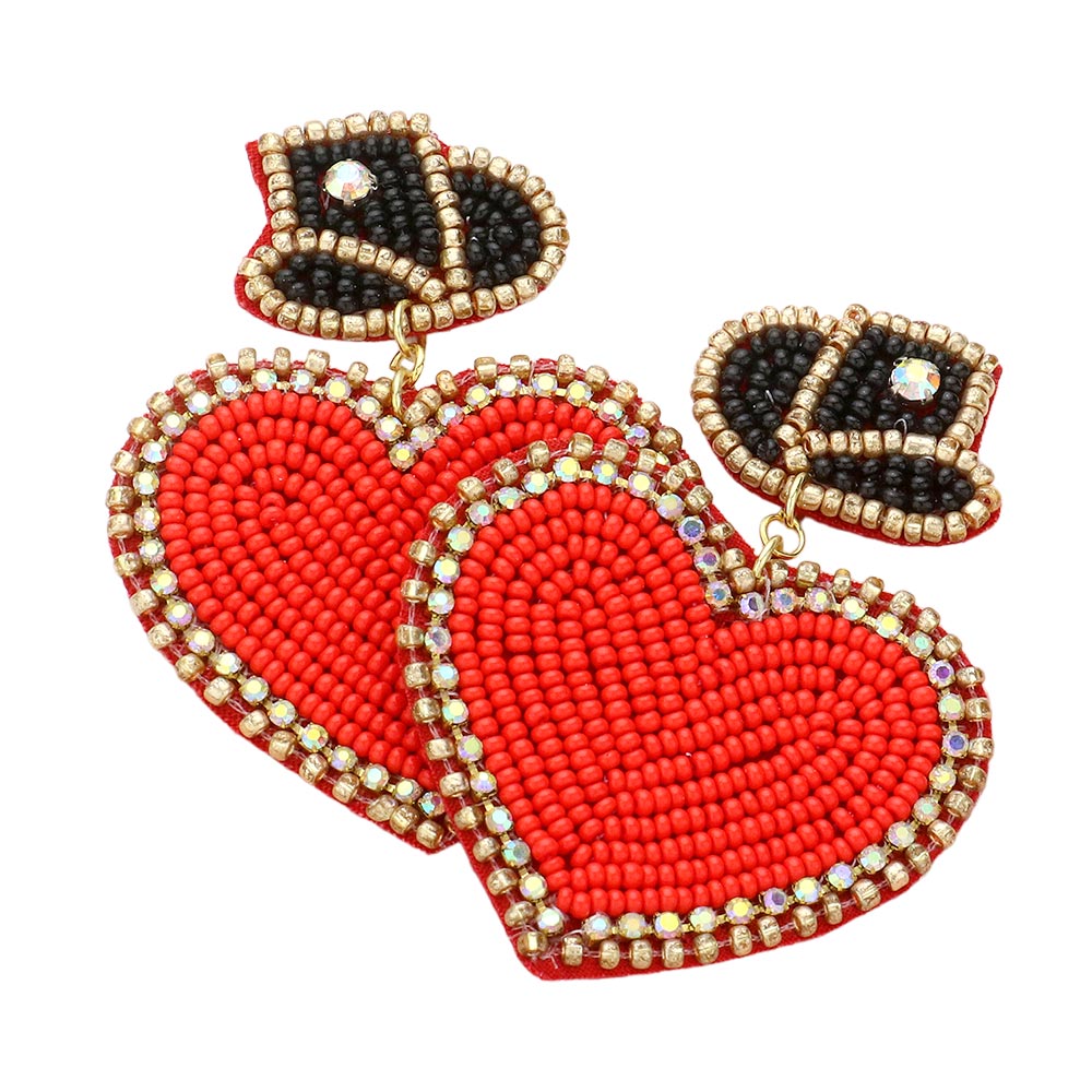 Felt Back Beaded Hat Heart Link Dangle Earrings - Earrings