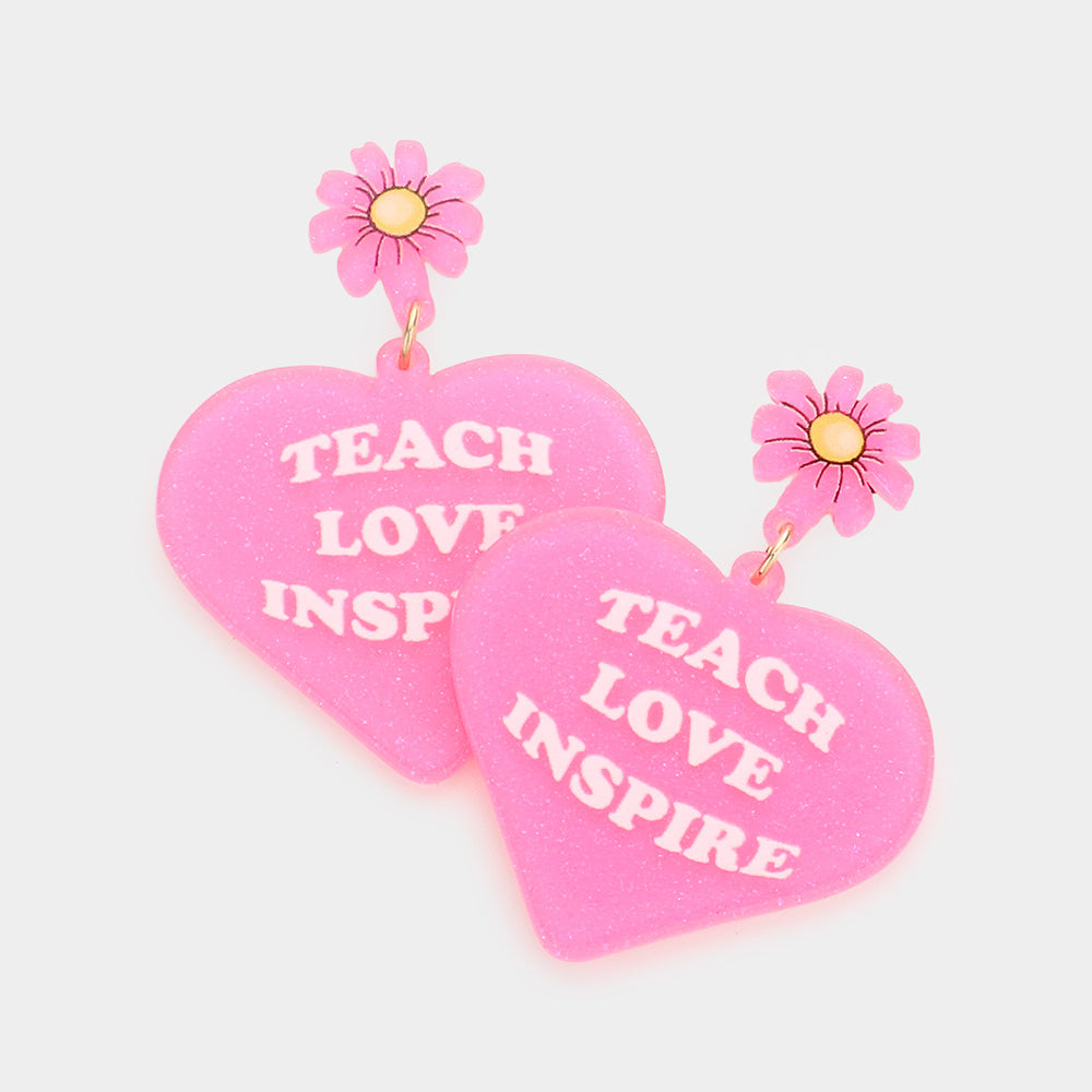Madeline Love Pink Teach Love Inspire Message Glittered Flower Heart Link Dangle Earrings