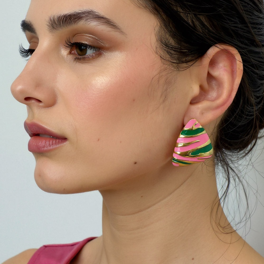 Madeline Love Gold, Pink&Green 14K Gold Dipped Enamel Abstract Pattern Triangle Earrings