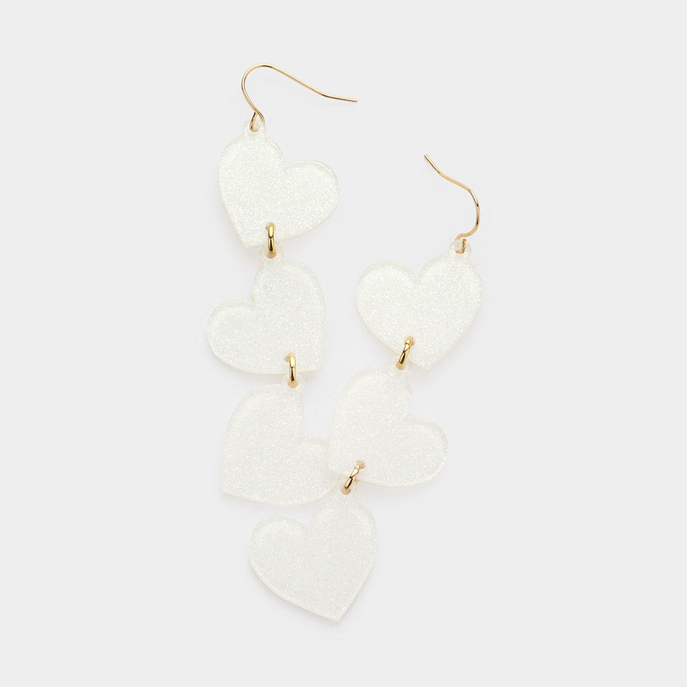 Glittered Triple Resin Heart Link Dangle Earrings