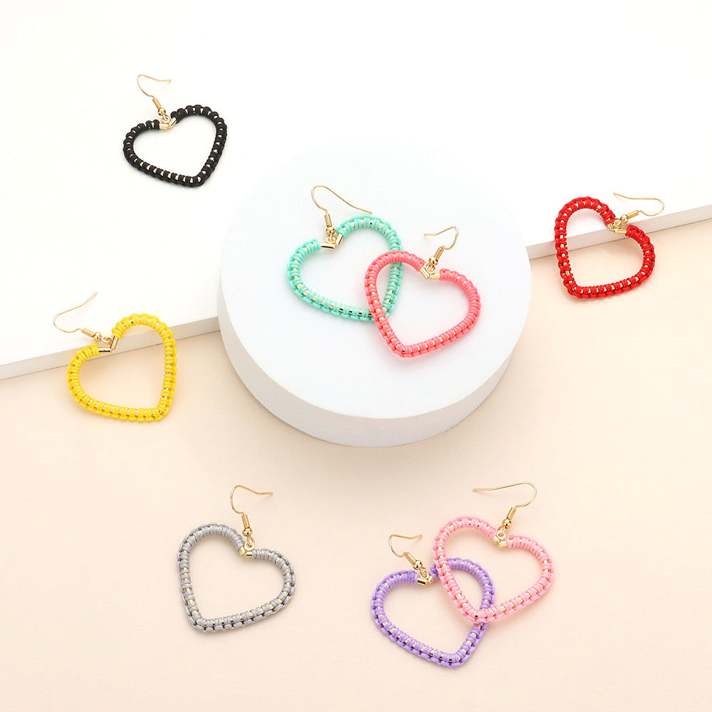 Woven Thread Open Metal Heart Dangle Earrings - Earrings