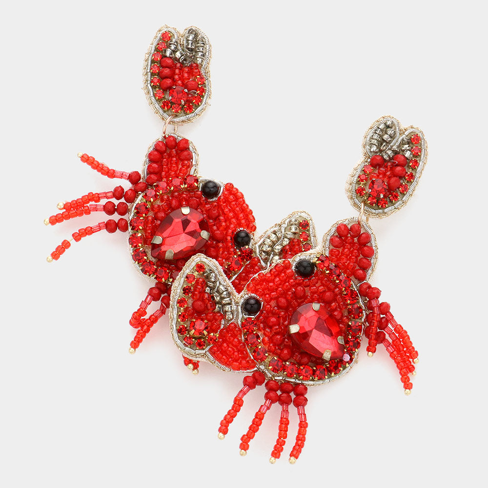 Red Felt Back Stone Seed Beaded Crab Dangle Earrings