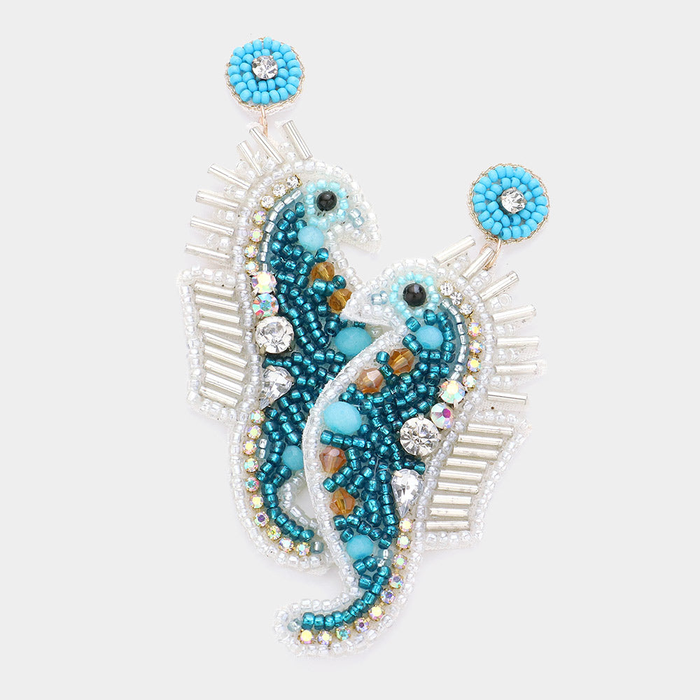 Aqua Felt Back Stone Seed Beaded Seahorse Dangle Earrings