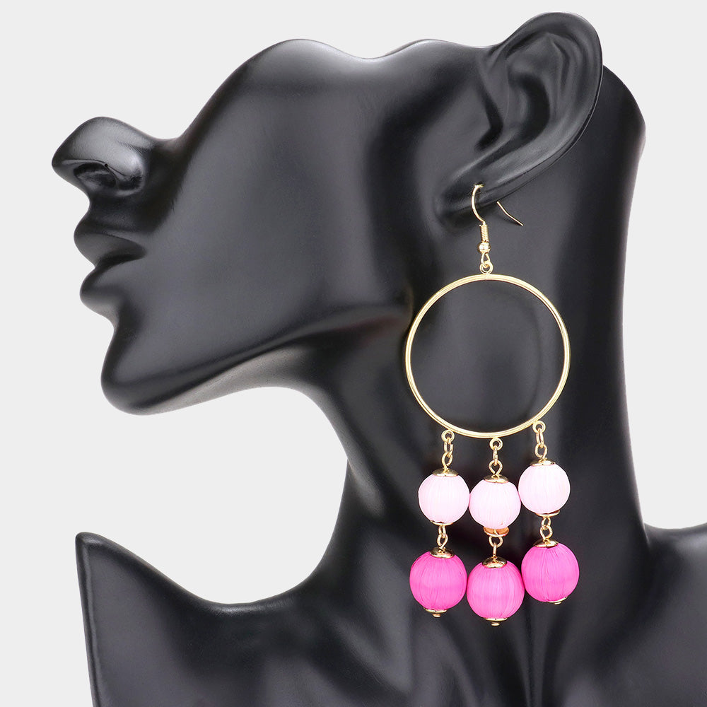 Madeline Love Pink Open Metal Circle Raffia Wrapped Ball Link Dangle Earrings