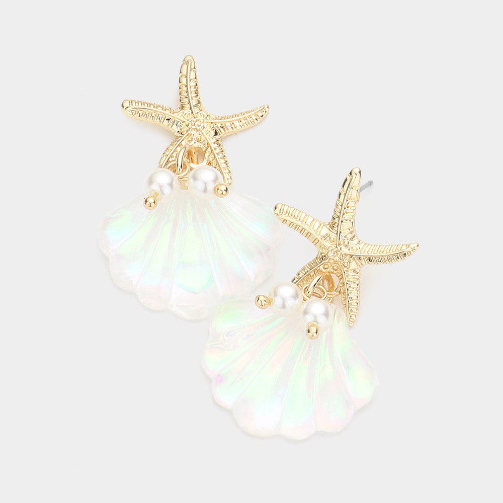 Madeline Love Gold Metal Starfish Pearl Shell Link Dangle Earrings