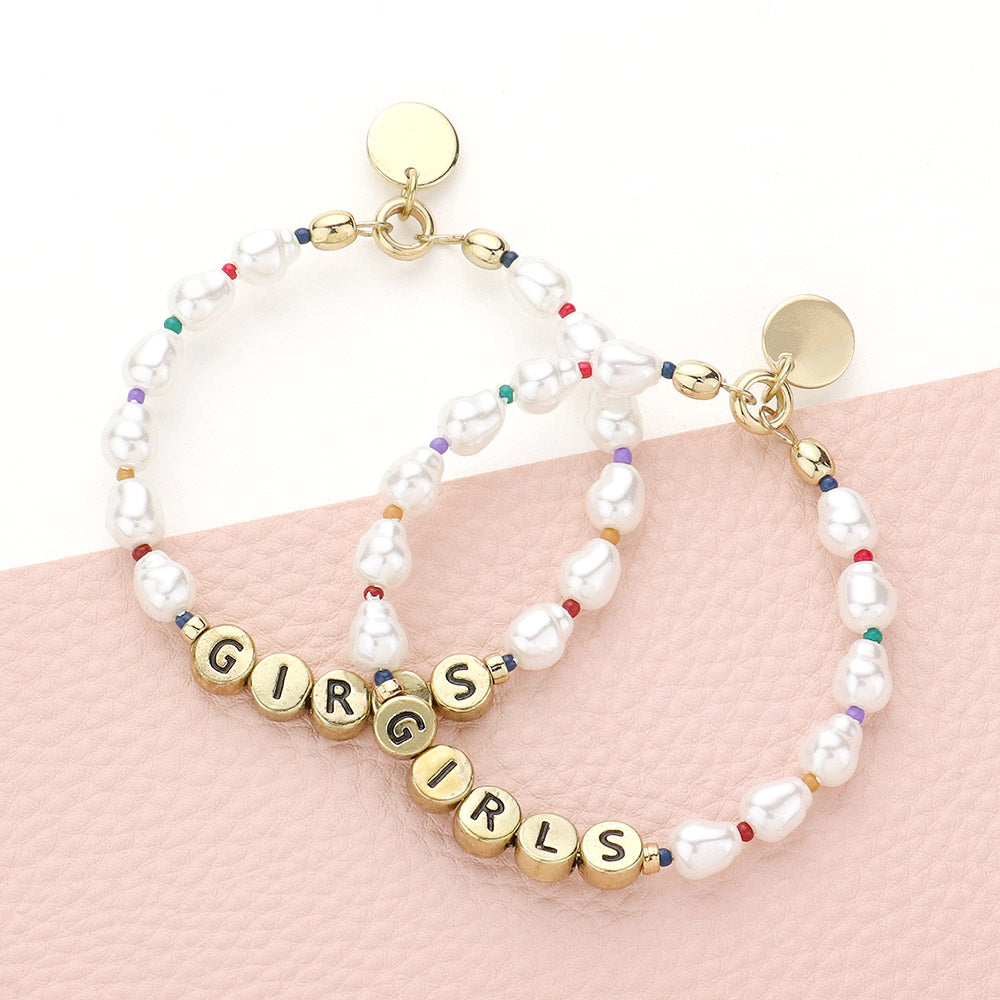 Madeline Love Cream, Gold Girls Message Pearl Beaded Dangle Earrings