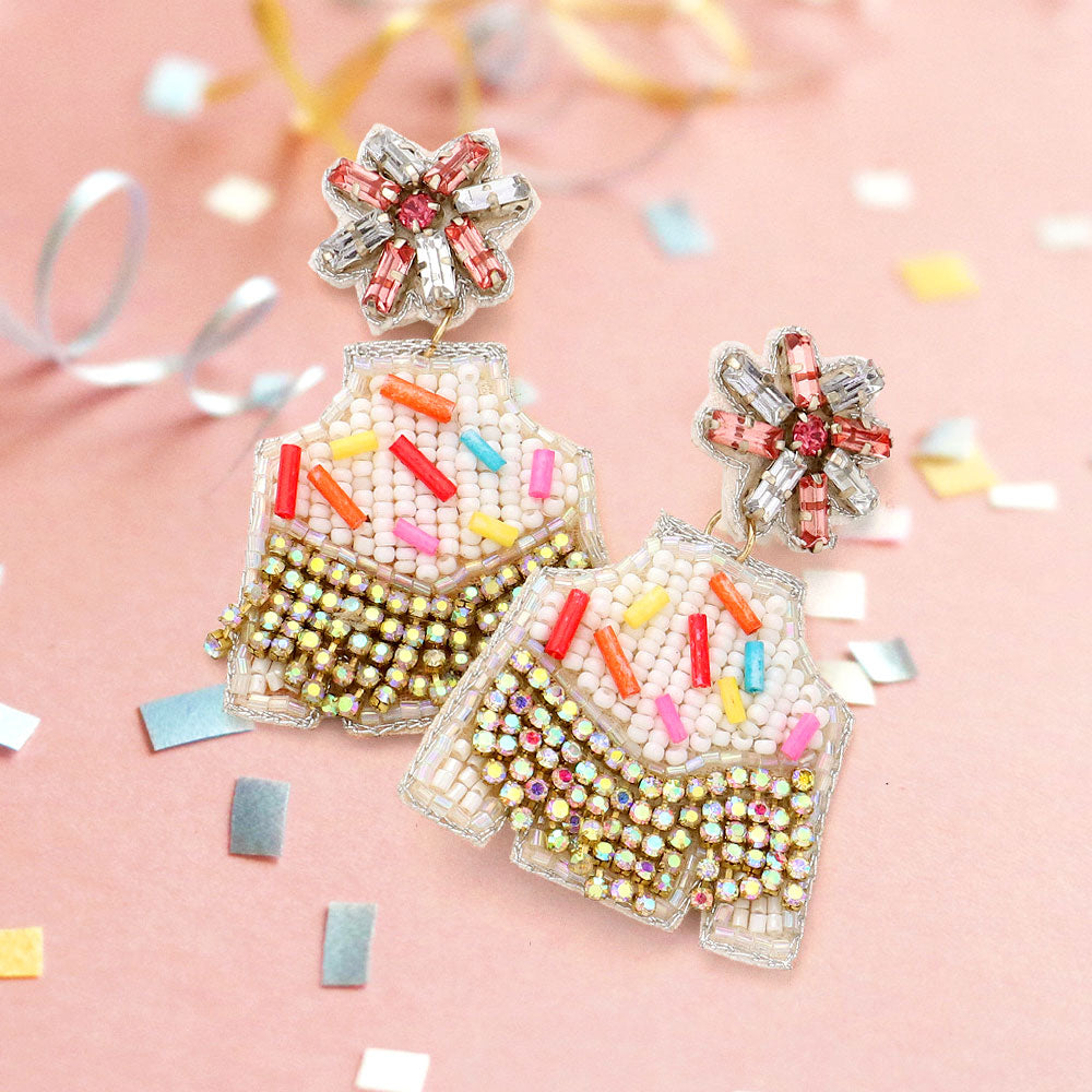 Madeline Love White Felt Back Stone Beaded Birthday Sweater Dangle Earrings