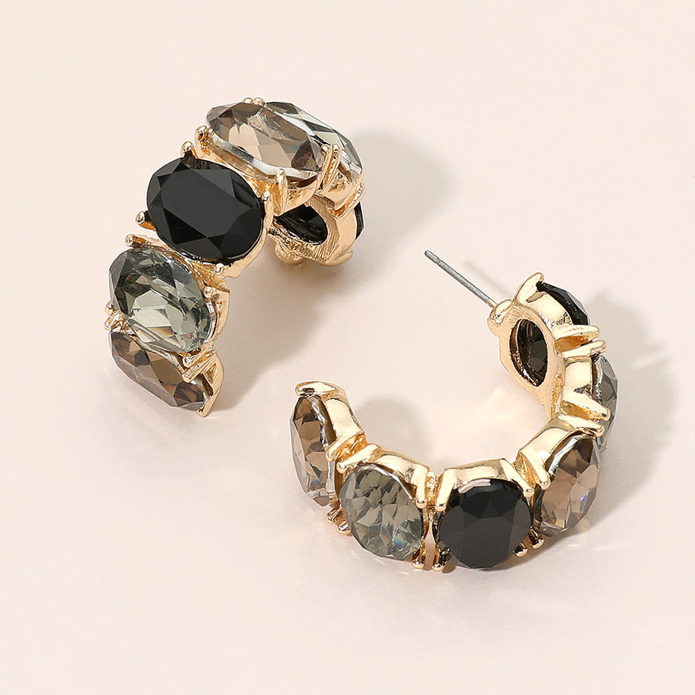 Madeline Love Black, Gold Faceted Oval Gemstone Chunky Hoop Earrings
