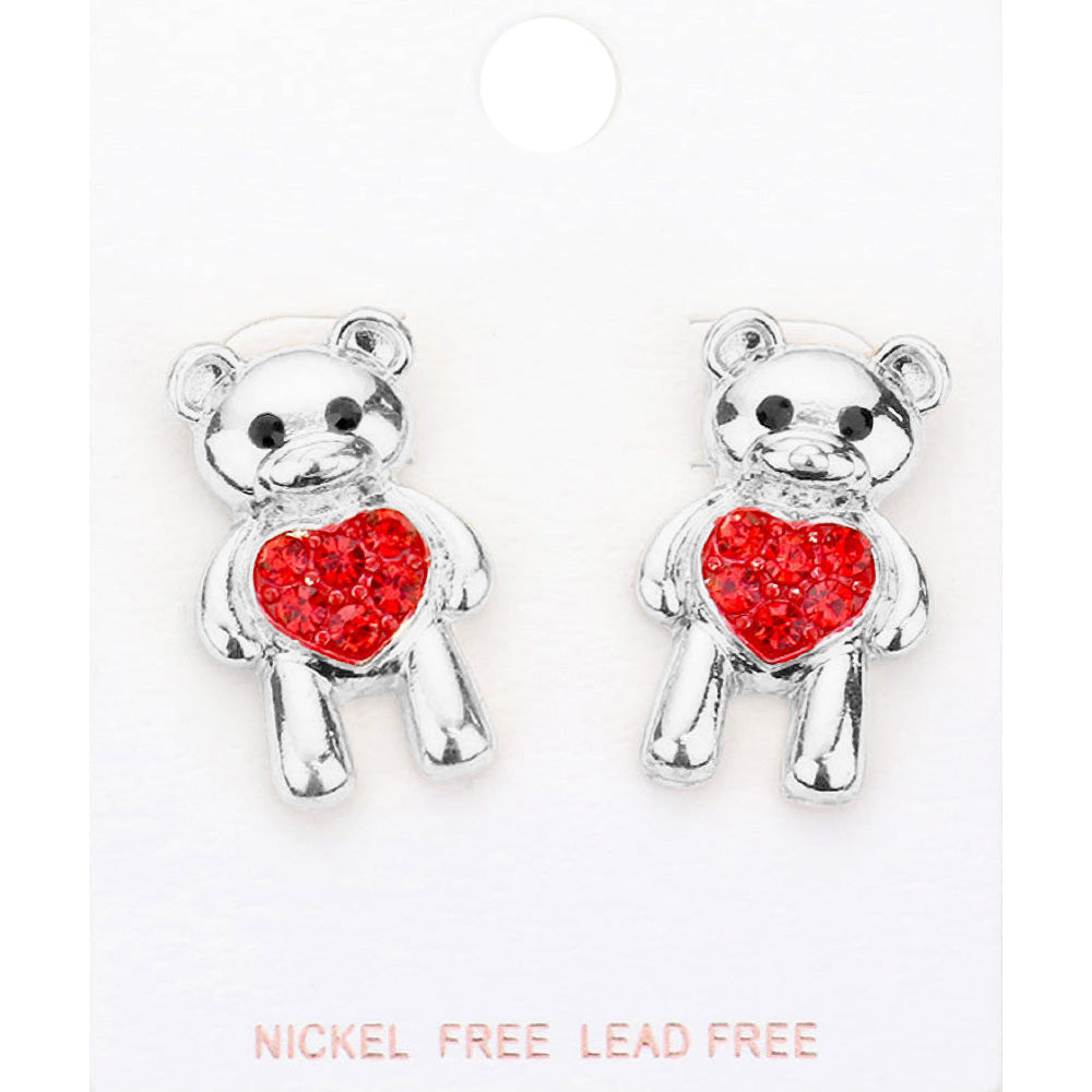 Stone Embellished Heart Metal Bear Earrings
