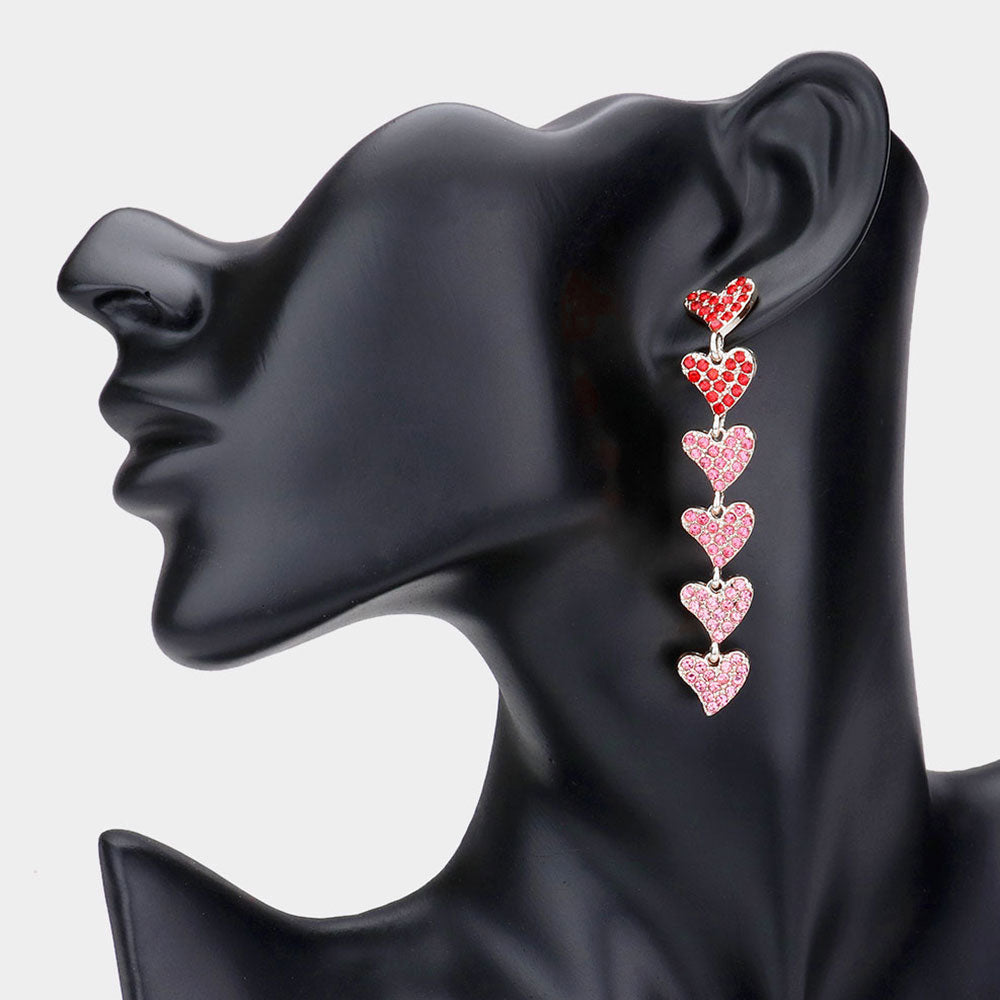 Rhinestone Embellished Heart Link Dangle Earrings - Earrings
