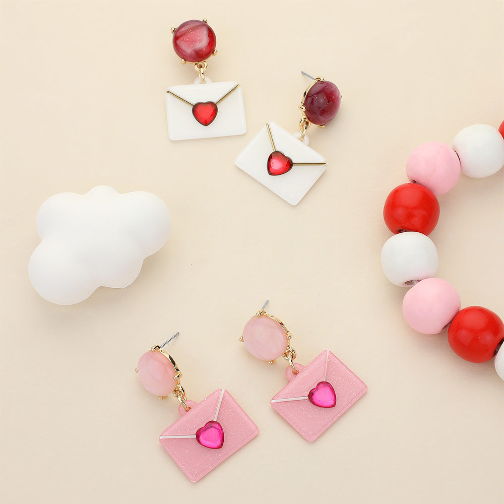 Madeline Love Red Glittered Resin Heart Envelope Dangle Earrings - extra
