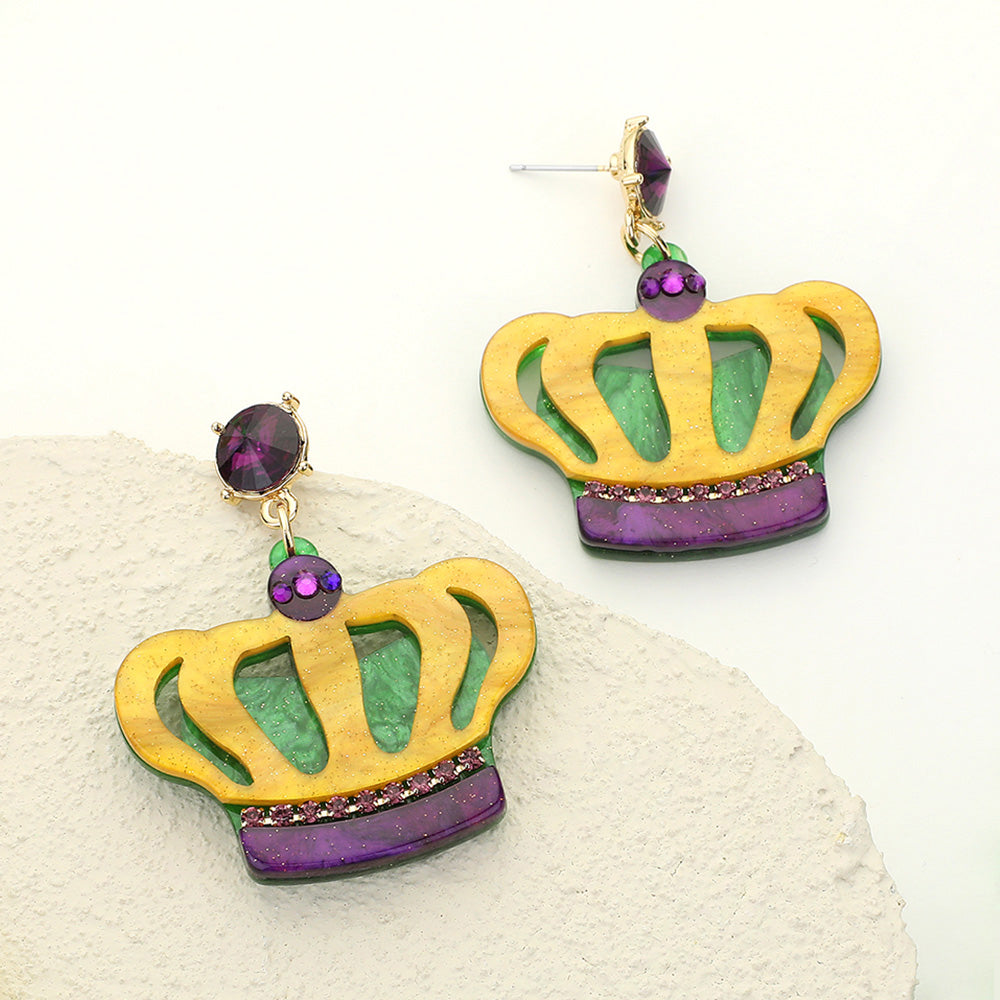 Multi Glittered Resin Mardi Gras Crown Dangle Earrings