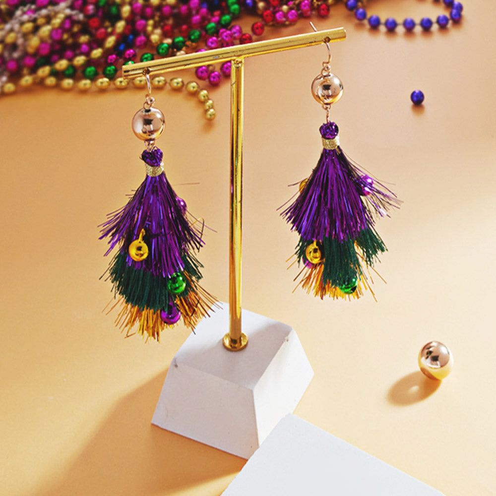 Multi Mardi Gras Triple Fringe Layered Dangle Earrings