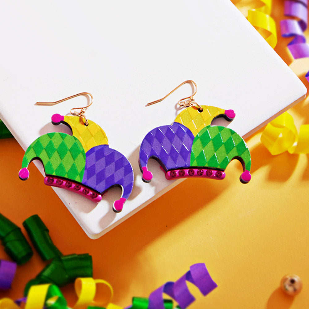 Multi Mardi Gras Jester Pierrot Hat Dangle Earrings