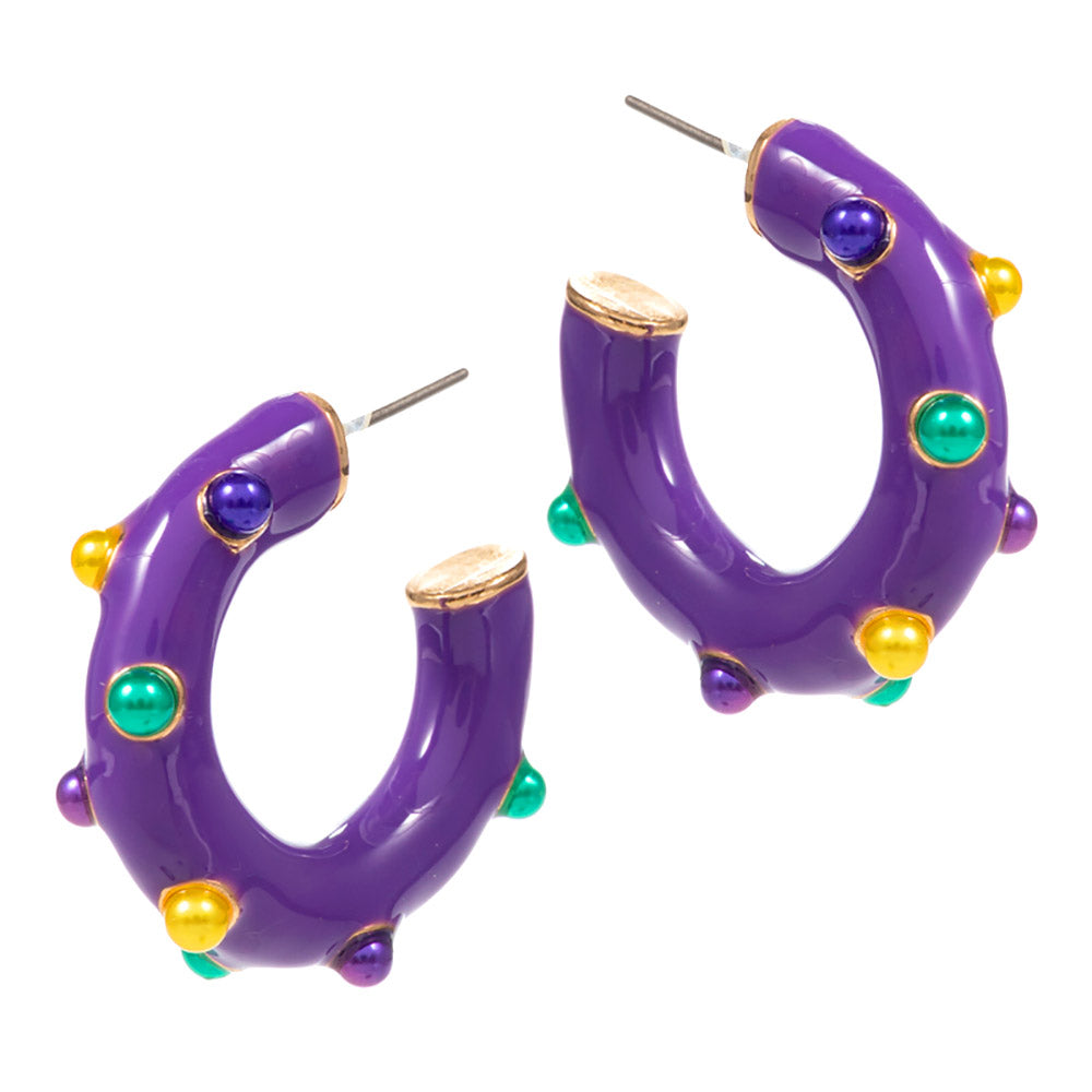 Purple Mardi Gras Pearl Embellished Hoop Earrings