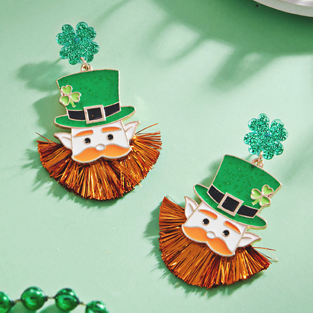 Madeline Love Green St Patricks Day Fringe Bearded Leprechaun Dangle Earrings