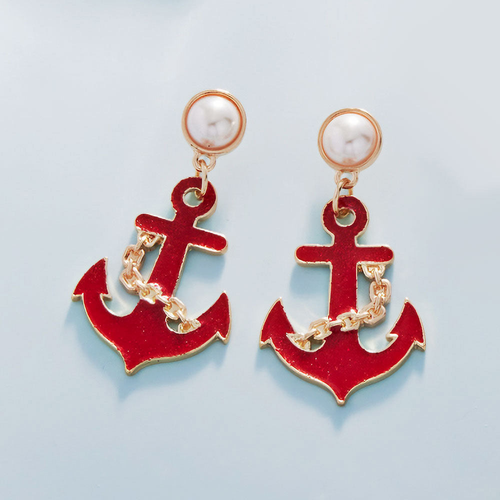 Red Pearl Pointed Enamel Anchor Dangle Earrings