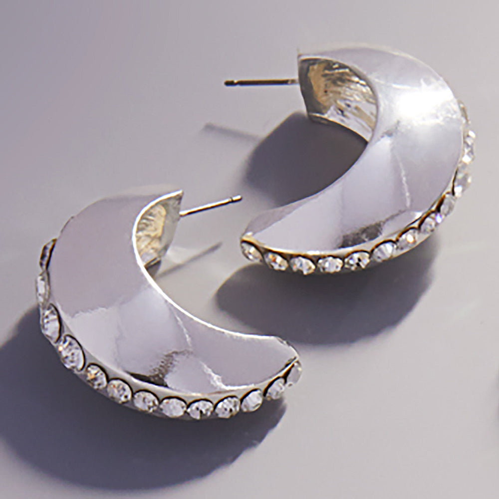 Madeline Love Clear, Silver Center Rhinestone Line Accented Chunky Crescent Hoop Earrings