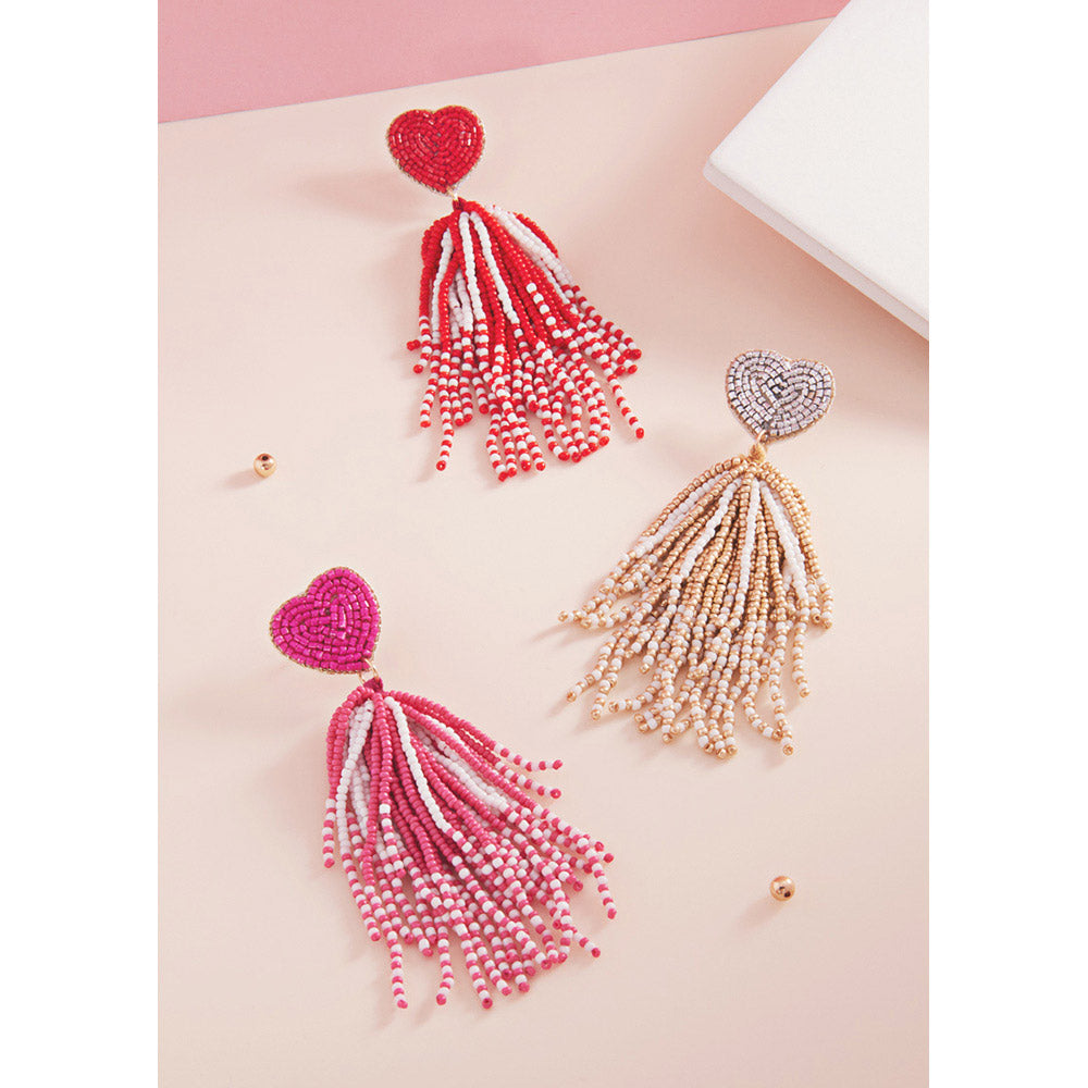 Heart Seed Beaded Tassel Dangle Earrings - Earrings