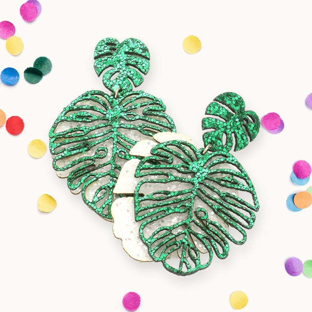 Madeline Love Green Glittered Tropical Leaf Dangle Earrings