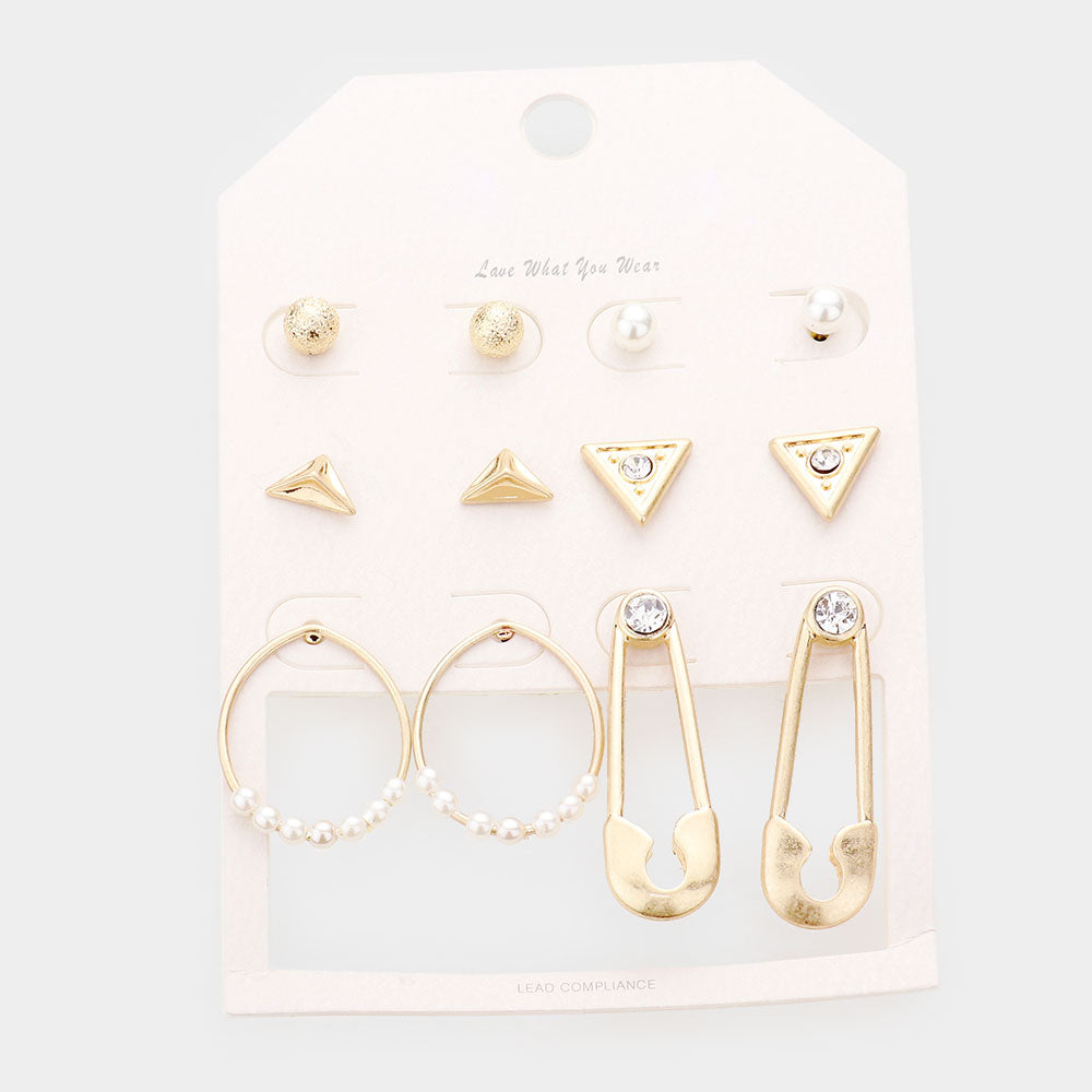 Madeline Love Worn Gold 6Pairs - Rhinestone Embellished Geometric Stud Safety Pin Earrings