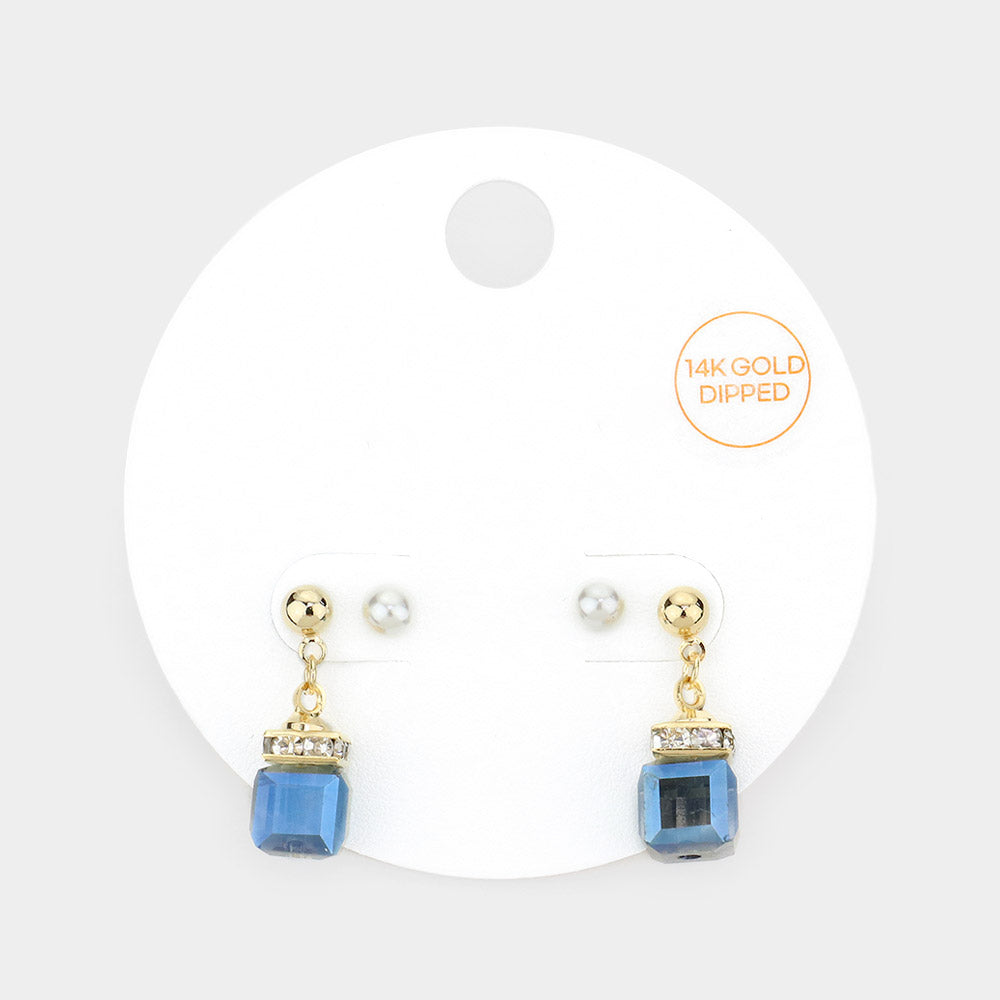 Madeline Love Sapphire 2Pairs - 14K Gold Dipped Pearl Stud Square Dangle Earrings