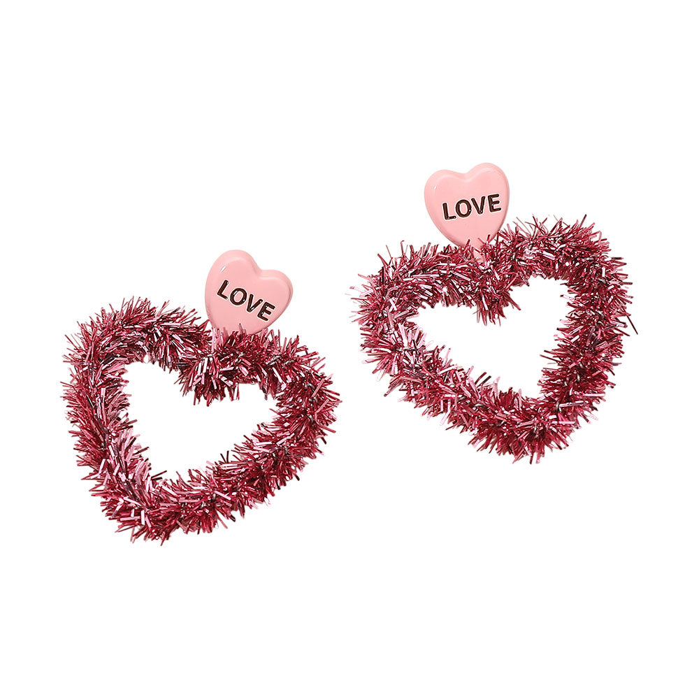 Madeline Love Gold, Pink Sweet Pea Tinsel Heart Dangle Earrings - desc