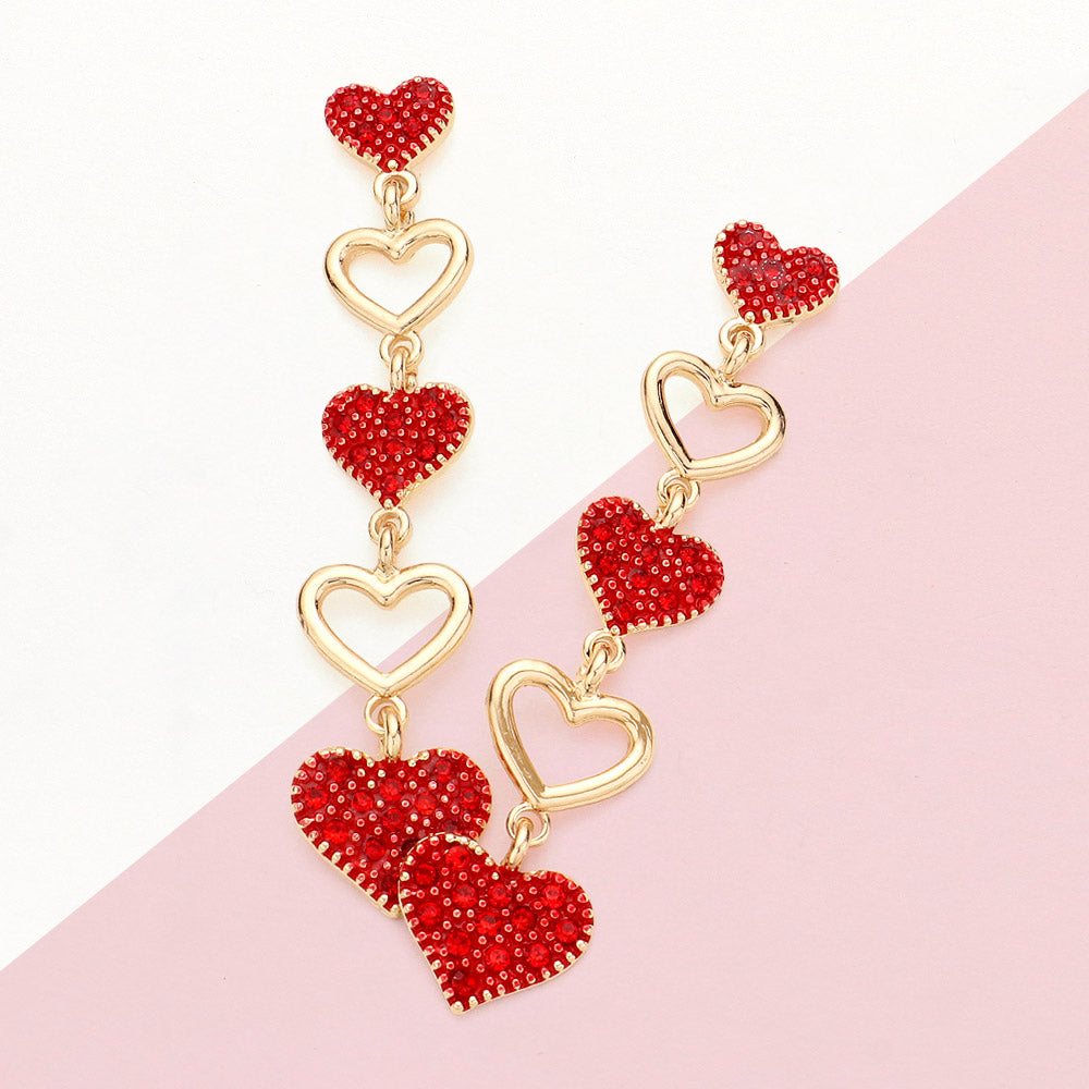 Gold Rhinestone Paved Heart Link Dropdown Earrings add a touch of glamour to any outfit. The rhinestones are carefully placed in a heart link design, giving these earrings a unique and luxurious look. Elevate your style with these stunning earrings.