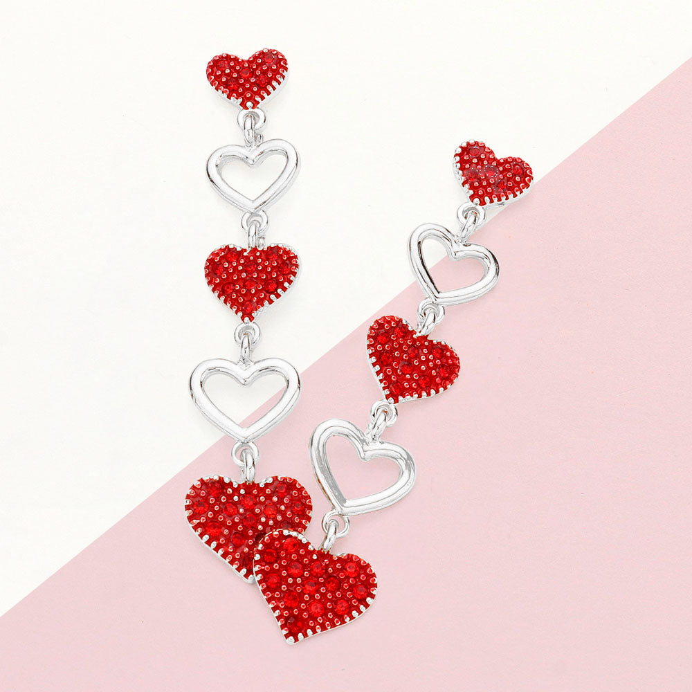 Rhodium Rhinestone Paved Heart Link Dropdown Earrings add a touch of glamour to any outfit. The rhinestones are carefully placed in a heart link design, giving these earrings a unique and luxurious look. Elevate your style with these stunning earrings.